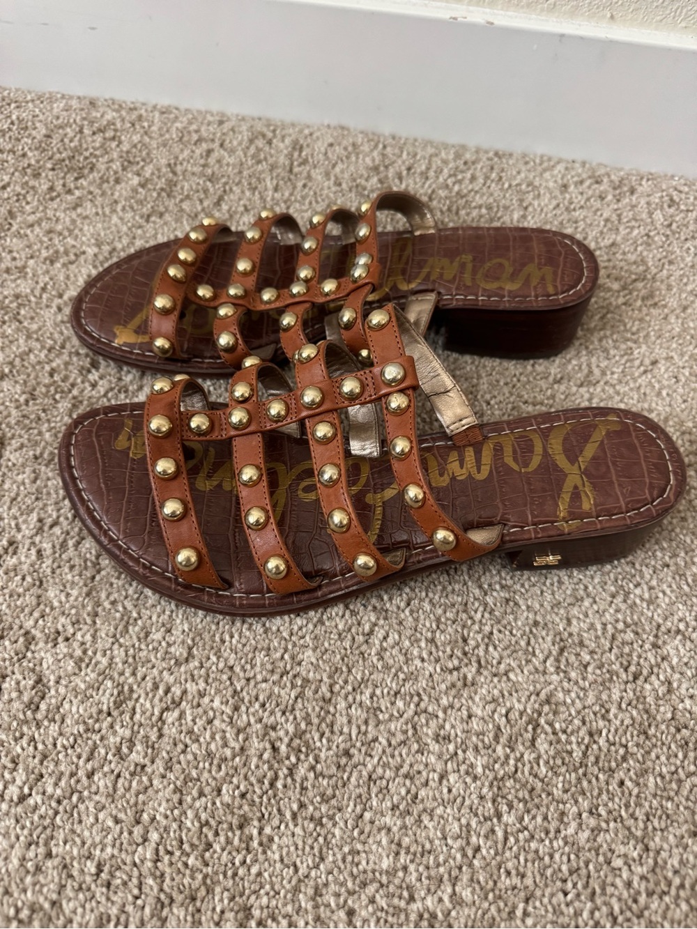 Sam Edelman Brown Leather Studded Slide Sandals with Gold Accents
